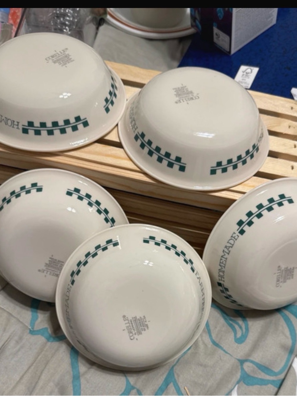 Corelle White Bowls with Teal Check Border - Set of 5